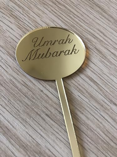 8 Gold Umrah Mubarak Cupcake Discs, Acrylic Reusable Cupcake Toppers, Cake Decorations.
