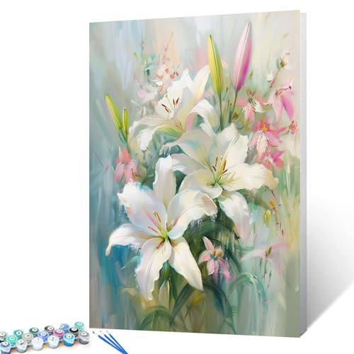 Tucocoo Malen nach Zahlen, Motiv: Weiße Lilien, 40 x 50 cm, Leinwand, Blumen-Ölgemälde für Erwachsene, mit Pinseln und Acryl-Pigment, blühendes Gartenbild für Heimdekoration, Geschenke