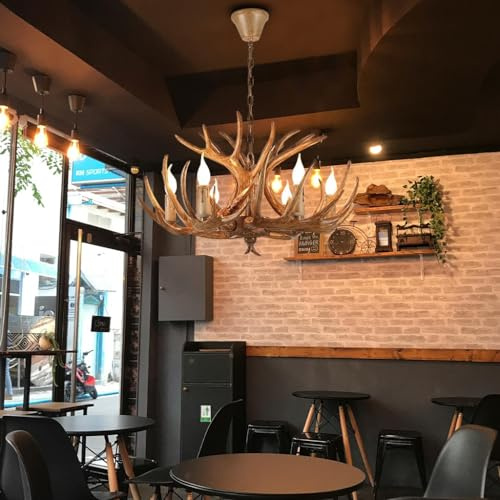 RuiRfh Geweih Kronleuchter Retro Esszimmer Pendelleuchte E14 Harz Geweih Lampe Bauernhaus Landhausstil 6 Lichter Dekoration geeignet für Wohnzimmer Kücheninsel Schlafzimmer Cottage Innenbeleuchtung(Co