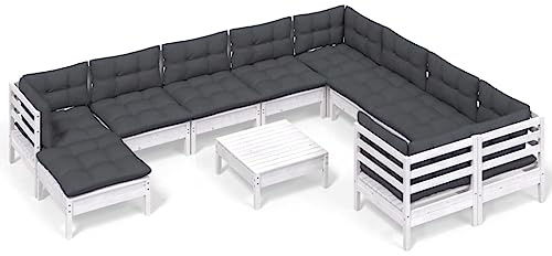 WEMYUFURN 11-TLG. Garten-Lounge-Set mit Kissen Weiß Kiefernholz, Outdoor-Sitzgruppe, Terrassen-Lounge-Set, Garten-Couchgarnitur - Wetterbeständig, Komfortabel - für Terrasse, Garten und Balkon