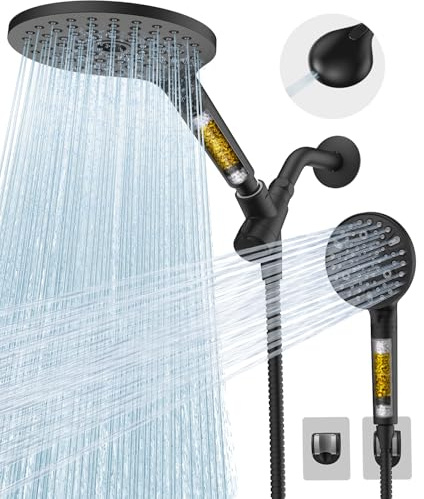 Dual Filtered Shower Heads Combo, High Pressure Rain Shower Head with Handheld Spray Built-in Power Wash, Dual Handheld Shower Head for Hard Water, Remove Chlorine for Healthier Skin-Black