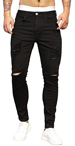 Destroyed Jeans Hose Herren Stretch Slim Fit Denim Hose Lang Jeanshose Zerrissene Enge Hose Cool Schwarz Mode Jeans Skinny Hose mit Löchern für Männer Freizeithose Herbst Sommer, Schwarz , L