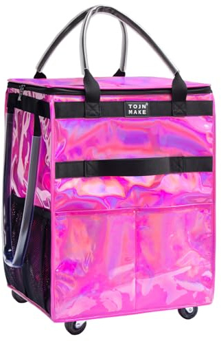 TOJNMAKE Reusable Grocery Bag On Wheels (Medium, Glitter Pink), Shopping Trolley, Rolling Tote with 8 Pockets and Zipper Cover, Foldable, Heavy Duty Handles, Carries Up to 66 LBS
