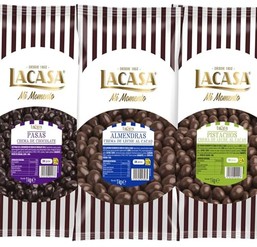 Lacasa Pack 3kg de bolas: Pasas de Corinto con chocolate Negro,Almendra con chocolate con Leche,Pistachos con chocolate Leche