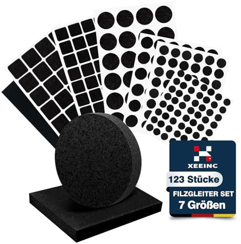 XEEINC Patins pour Meubles 123 Pièces, Patin Chaise Auto-adhésifs, Tampon Chaise Meuble avec 7 Tailles, Patin Feutre pour Meubles 3mm d'épaisseur - Noir