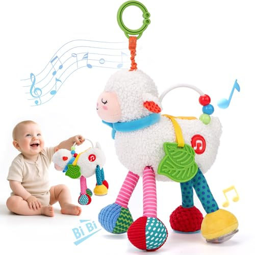 hahaland Baby Toys 0-6 Months - Multifunctional Plush Musical Sheep with Soft Rattle, Teether & Mirror for Textured Sensory Explore Perfect Newborn Shower Gift with Sound & Visual Stimulation
