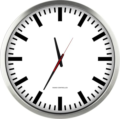 56864-07-Eurotime Funkwanduhr im Aluminium-Gehäuse XXL, Bahnhofszifferblatt, schmale Zeiger, 50 cm Durchmesser, Zeigersatz schwarz und sekunde rot