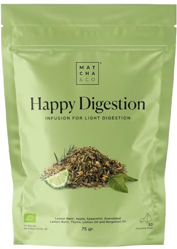 Matcha & CO Infusión Happy Digestion, 30 dosis de infusión digestiva con hierbas naturales para aliviar la hinchazón y facilitar la digestión, Óptimo después de las comidas para recuperar la ligereza