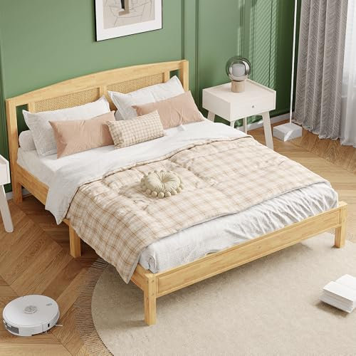 Cama Doble 160X200cm Pino + ratán PE Cama Juvenil cojín de Red de ratán con 15 Listones y Patas Medias Cama de ratán para Adultos y Adolescentes Cama de Invitados Color Madera