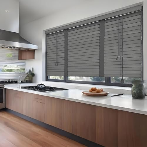 Generisch Haus Naturholzjalousien Küche Horizontal Jalousie Sonnenschutz Jalousette, Echtholz Schalusie für Fenster für Fenster & Türen 45cm 50cm 60cm 70cm 80cm 90cm 100cm 110cm 120cm Gardinen(Grau)