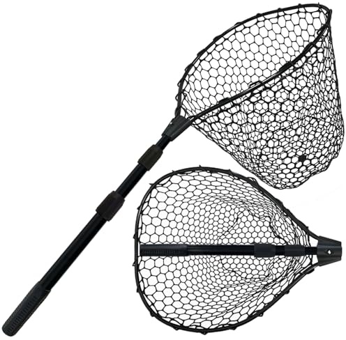 SEASPRO Black Telescoping Fishing Net Aluminum Alloy Rubber Fish Net - Adjustable Length Lightweight Foldable Fishing Gear and Large Fishing Net with Handle Collapsible Extendable Fishing Accessories