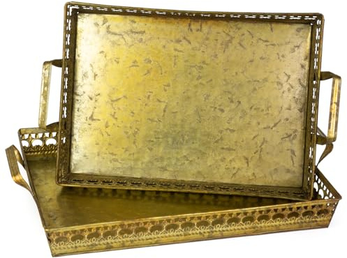 Moritz Tablett Set rechteckig Grün-Gold Metall 45 cm – Serviertablett Deko | Zwei Größen mit durchbrochenem Rand und Griffen im warmen Antik-Ton, für Tischdeko, Obst, Kerzen und Pflanzen