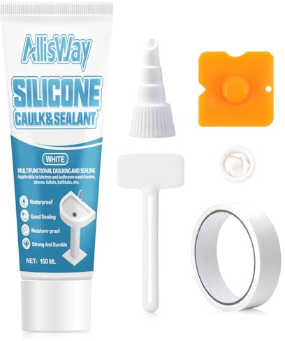 AllisWay Silicone Sigillante Impermeabile, Silicone Bianco Sigillante, Silicone Sigillante per Cucina e Bagno, Impermeabile e Durevole, Sigillatura Forte, Set Completo di Strumenti, 150ml