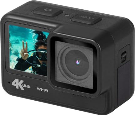 Trevi GO 2600 4K Action Cam 4K Ultra HD WiFi con Doppio Display IPS, Videocamera Subacquea Impermeabile 21m, Obiettivo 140° Wide, Ideale per Sport, Vlogging, Viaggi, Kit Accessori Incluso