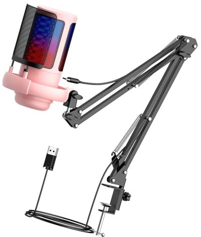 Gaming USB Microphone 30Hz to 16kHz Boom Arm and Frequency Adjustable Arm Stand for PC with LED Lighting for Immersive Streaming