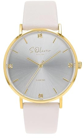 s.Oliver Armbanduhr mit Lederband für Damen, mit Diamanten, Gold, wasserdichte 3 bar, Geschenkidee, kommt in Uhren Geschenkbox, 2040105