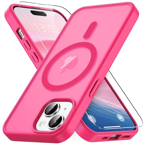 Vansdon Magnétique Coque pour iPhone 15 avec 1 Verre Trempé | Rose Vif, Compatible avec MagSafe, Protection Contre Les Chutes de qualité Militaire, Coque Mat Translucide Fine Antichoc