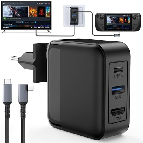 65W USB C Hub Charger for Steam Deck Adapter 4K 60Hz HDMI, USB 3.0, USB C GaN PD Fast Charging Port, 3 in 1 TV Mode Adapter for Steam Deck Dock/ROG Xbox Ally/iPad/Galaxy/Tablet/MacBook Portable Travel