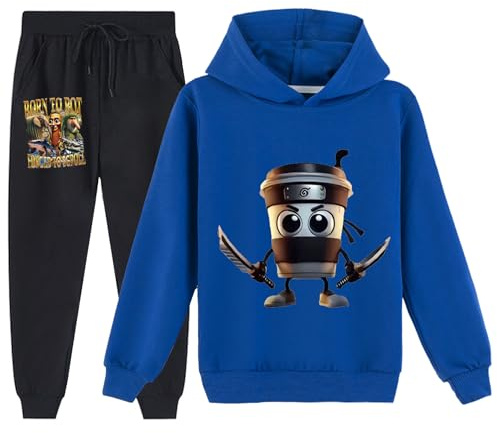 YuanDiann Tuta da Ginnastica per Bambini Cappuccino Assassino con Cappuccio + Pantaloni da Jogging 2-pezzi Set Stampa Italian Brainrot Tuta da Allenamento per Ragazzi e Ragazze Hoodie & Pantaloni, Blu