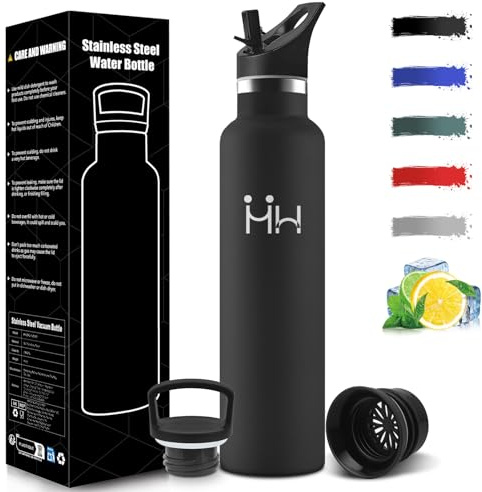 Mulbijeo Gourde Isotherme 1L, Étanche sans BPA, Bouteille Isotherme, Réutilisable, Gourde Avec Paille, 18/8 Acier Inoxydable, Double Paroi, Bouteille d'eau pour Sport, Randonnée, Bureau, Yoga