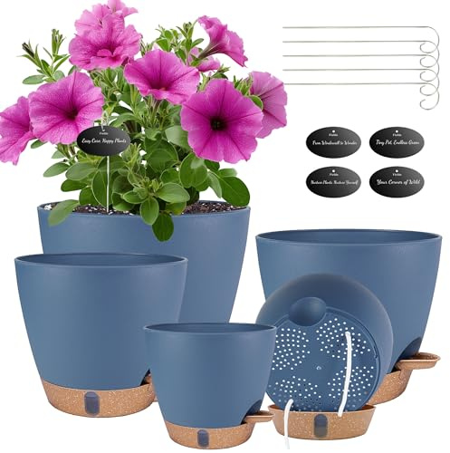 Self Watering Pots for Inoor Ourdoor Plants 8/7/6.5/6/5 Inch Plastic Planters with Drainage Holes & Water Level Indicator, Decorative House Flower Nursery Planting Pots with Saucers (Navy Blue)