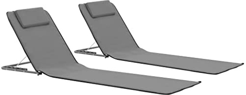 QUAHEAS Klappbare Strandmatte 2er Set, Grau, Stahlrahmen, Stoffbezug, verstellbare Rückenlehne, mit Kopfstütze und Staufach, für Strand, Pool, Camping, Garten, 160x53x47cm