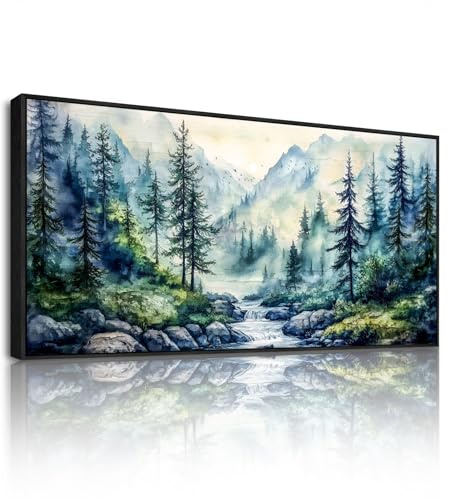 SERIMINO Quadro Moderno Montagna Foresta Naturale con Cornice 60x120 cm | Pini Ruscello Montano, Legno Massello, Tela Densa, Stampa HD, Installazione Facile, Usi Versatili, Idea Regalo