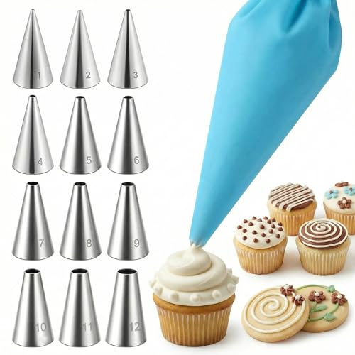 VVQWCY Lot de 12 douilles avec poche à douille en silicone - Rondes - Réutilisables - Pour pâtisseries, crèmes, gâteaux