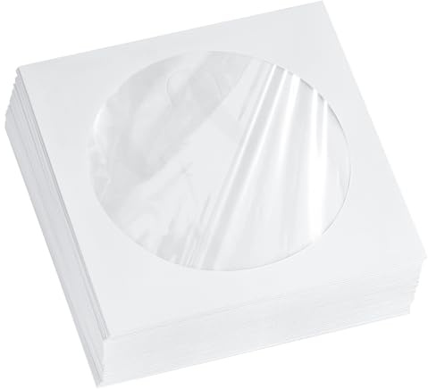 Yoodelife Thick White Paper CD, DVD, Disc Sleeves Envelope with Clear Window and Flap, 100gsm CD Sleeve Cases Paper Envelopes Holder for Media Storage, Pack of 50