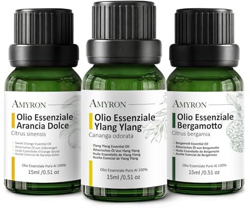 Set 3 x 15 ml Oli Essenziali Buon Umore AMYRON – Arancia Dolce – Bergamotto – Ylang Ylang – Naturali E Puri AL 100% – Ideale Per Aromaterapia – Diffusore Oli Essenziali – Massaggi – Uso Alimentare