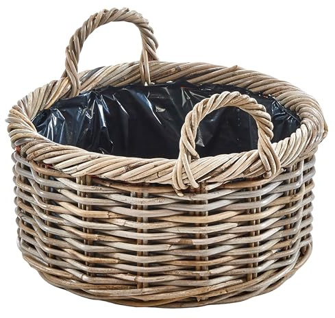 Kobolo Pflanzkorb rund geflochtener Rattan Übertopf mit Folie 40 cm Grau