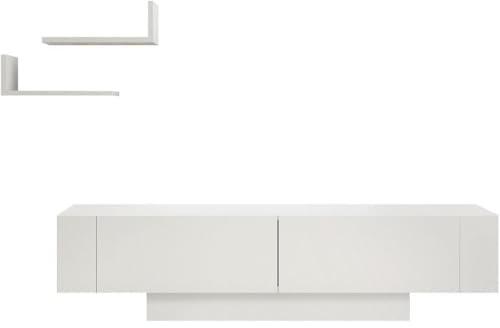 HOMIFAB Ensemble Meuble TV 2 Portes Blanc + 2 étagères murales - Otrine