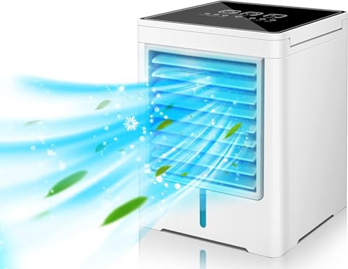 Ventilador de aire acondicionado portátil, enfriador de aire evaporativo, mini enfriador de aire personal USB con 3 velocidades de viento y 3 temporizadores, pantalla táctil, ventilador de