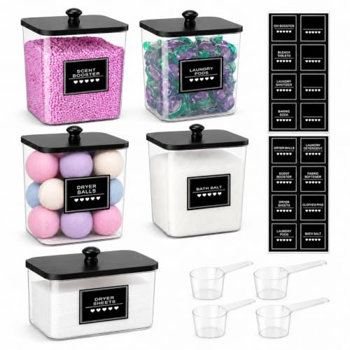 5 Pezzi Contenitore Detersivo, Porta Detersivo in Polvere 2.7L con Coperchio in Bambù, Organizer Detersivo per Capsule Polvere e Perle Profumate, Contenitore Detersivo Incl. 4 Misurini e 16 Etichette