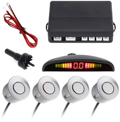 CAR PASSION Kit Sensori di Parcheggio Auto Universali - Sistema Assistenza Retromarcia con Ultrasuoni, Display LCD e Avviso Acustico - Facile Installazione (Argento)