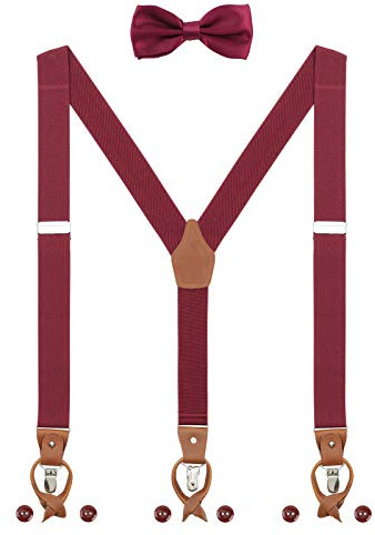 WANYING Set di bretelle e papillon da uomo, 2 WAY TO Wear 6 asole in pelle 3 fermagli Forma a Y 3,5 cm di larghezza bretelle estese per statura 160-200cm - Tinta unita Rosso Bordeaux