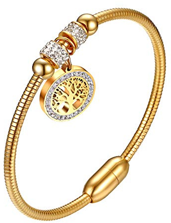 Flongo damarmband damarmband armkedja, rostfritt stål armband damarmband manschett silver roséguld guld med strass livets träd hänge, 17 centimeters, Rostfritt stål