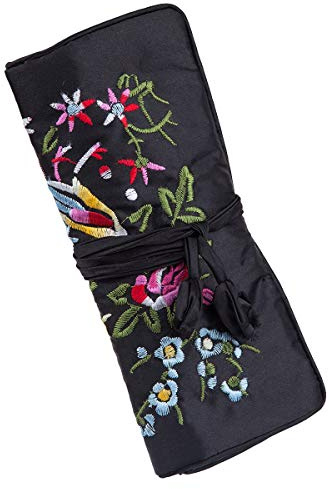 mookaitedcor Schwarz Garten Design Stickerei Schmuckrolle Tasche für Reisen | Halsketten Aufbewahrung Reise, Tasche Reiseetui Transporttasche Schmuck Organizer für Ohrringe Halskette