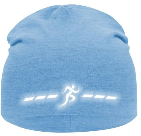 Laufmütze Running Beanie Reflektierender Aufdruck Heather Indigo M/L | Mütze Damen Herren Stretch - 95% Baumwolle 5% Elasthan - doppellagig – bedruckt – Sport, Jogging, Laufen