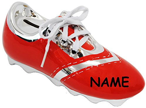 alles-meine.de GmbH 3-D Effekt Spardose - Fußballschuh/Sportschuh - Schuh - rot - incl. Name - mit echten Schnürsenkel ! - stabile Sparbüchse aus Porzellan/Keramik - Fu..