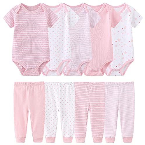 TONE Barboteuses à manches courtes pour bébés, pantalons pour bébés et petites filles 0-3 m/3-6 m/6-9 m/9-12 m en coton, rose, 3 mois