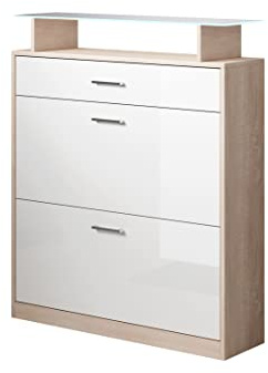 MB Muebles Bonitos | Flurmöbel mit Schuhschrank | Breite 89 x Höhe 105 x Tiefe 24 cm | Glasablage mit LED | Glänzendes Melamin | Farbe Sonoma und Weiß | Schuhregal für die tür | Modell Paola