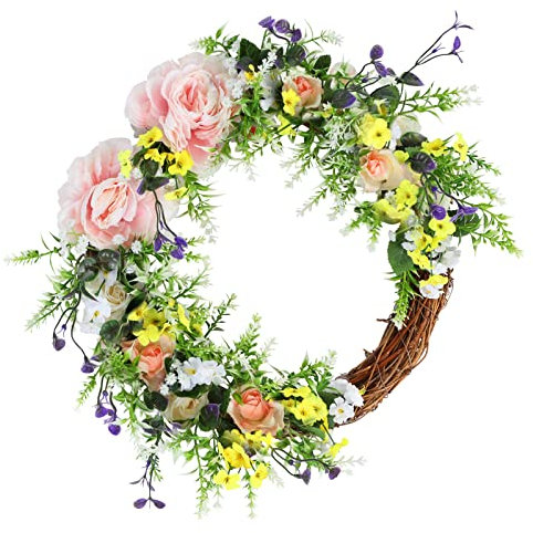 Artificial Peony Wreath Handmade Flower Wreath with Green Leaves Spring Grapevine Wreath Rose Wreaths Wall Hanging Pendant for Door Farmhouse Party Wedding Home Wall Hanging Decor