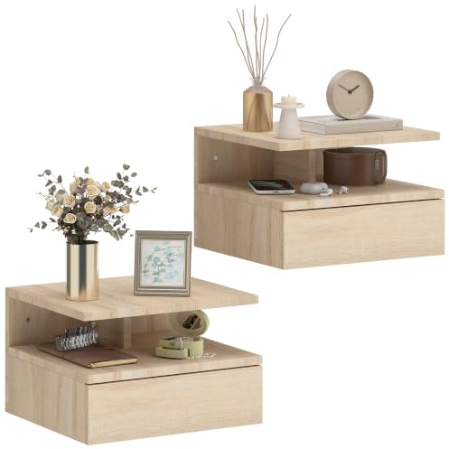 HOMCOM Lot de 2 Tables de Chevet Murales Moderne 35x32 x22,5cm Chêne | Tables de Chevet Suspendues, Tiroir Coulissant, Compartiment Ouvert, Plateau, pour Chambre à Coucher
