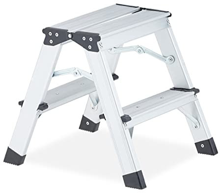Relaxdays Scala in Alluminio, Pieghevole, Scaletta Bilaterale con 2 Gradini, Step Ladder, Fino 120 kg, Argentato Nero