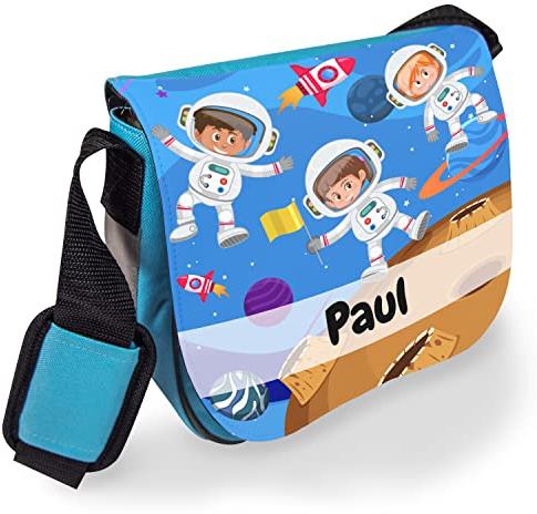 Kindergartentasche mit Namen für Mädchen und Jungen – Süße Umhängetasche für Kinder mit Namen personalisiert – Kindertasche als Geschenk zur Einschulung, Kita und Freizeit (Hellblau, Astronaut)