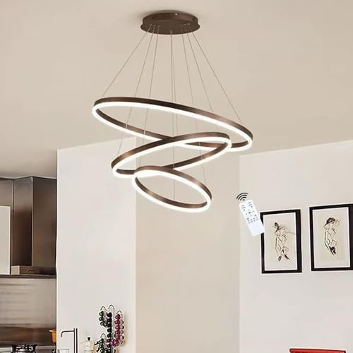 LIUYU 3-Ringe LED Pendelleuchte Braun, Moderne Runde Hängeleuchte mit großen Ringen, Dimmbar - Höhenverstellbar mit Fernbedienung, 90W Ø40/60/80cm für Wohnzimmer Esszimmer Büro