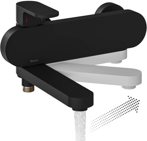 RAVAK Badewannenarmatur Schwarz Matt ohne Duschset | Schwenkbare Wannenarmatur Slim | Einhand-Mischbatterie mit Umsteller | 35mm Keramikkartusche | CR 022.00