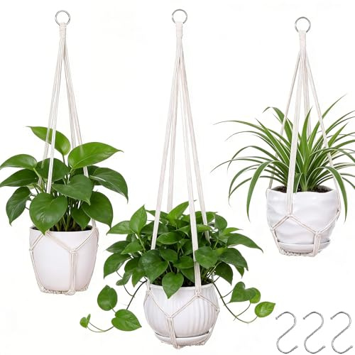 YIBOT 3 Pack Macrame Plant Hanger Indoor Hanging Planter for Plants Holder with 3 Hooks, 35/29/23 Crochet Plant Holder Stand for Boho Home Decor No Tassels,Ivory | 35/29/23 Crochet Plant Hangers With 3 Hooks No Tassels Boho Home Decor for Patio Balcony Living Room|Fits 5-10 Inch Pots