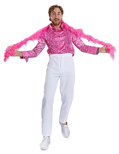 Stilvolles Sänger-Kostüm für Erwachsene – groß – rosa Rüschenhemd, weiße ausgestellte Hose, Hot Pink Federboa – Erwachsenensänger Best of British Fancy Dress Kostüm